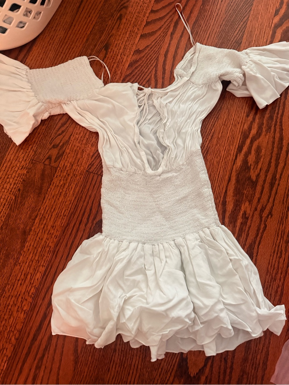 Skylar + Madison White Off-Shoulder Smocked Mini Dress
